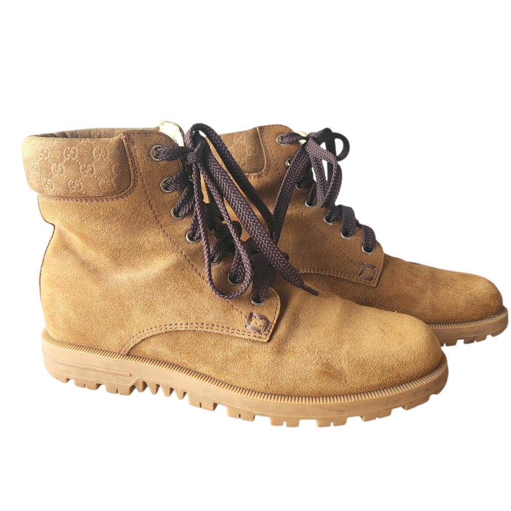 Authentic Gucci Suede Shearling Combat Boots GG Monogram Lug Sole 36.5 US 6